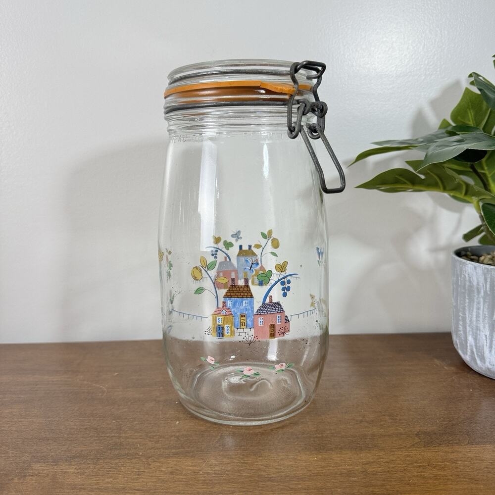 Vintage ARC France Glass Heartland Canister w/ Wire Hinged Lid Cottagecore 1.5 L